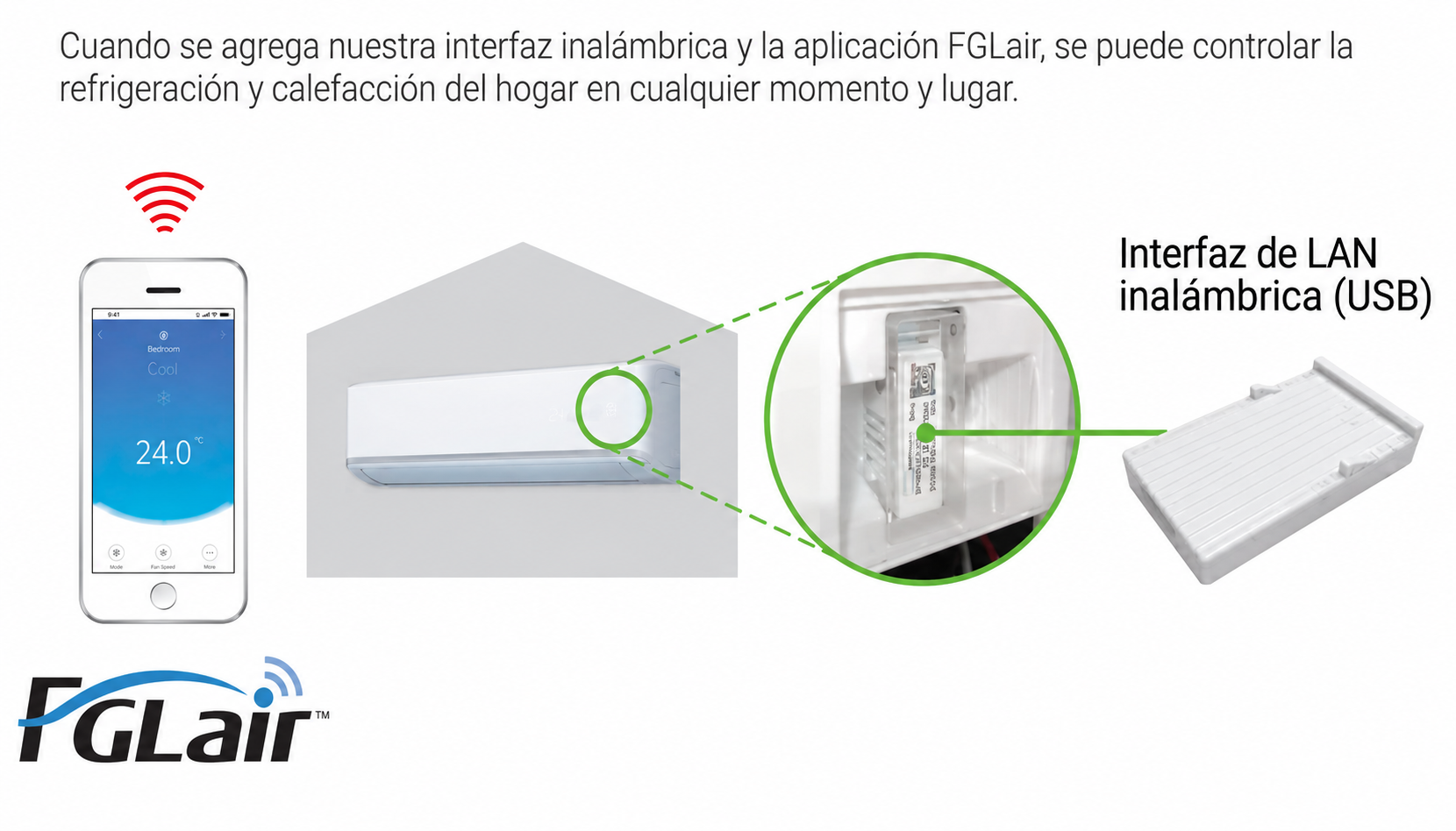 Control inteligente opcional con app móvil Este modelo puede controlarse desde cualquier lugar mediante un dispositivo inteligente con la instalación de una interfaz LAN inalámbrica opcional. Una vez instalada, podrás gestionar el equipo desde el smartphone mediante la app compatible.  Desde la aplicación es posible controlar el aire acondicionado, ajustar la temperatura y supervisar su funcionamiento incluso fuera de casa. Es una opción muy práctica para quienes quieren añadir conectividad al equipo y disfrutar de una gestión más cómoda e inteligente.  En este modelo, el control WiFi es opcional, por lo que debe añadirse mediante el accesorio correspondiente.